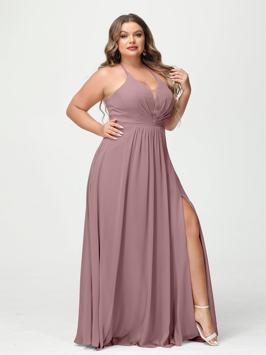 A-Line/Princesa Halter Sem Mangas Chiffon Ruched Split Side Plus Size Vestidos de Dama de Honra com Bolsos