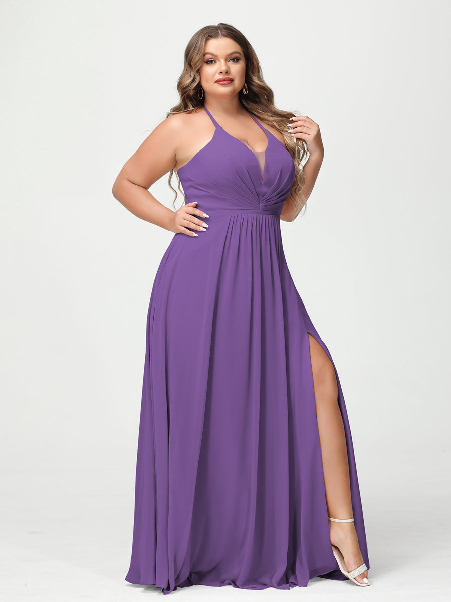 A-Line/Princesa Halter Sem Mangas Chiffon Ruched Split Side Plus Size Vestidos de Dama de Honra com Bolsos