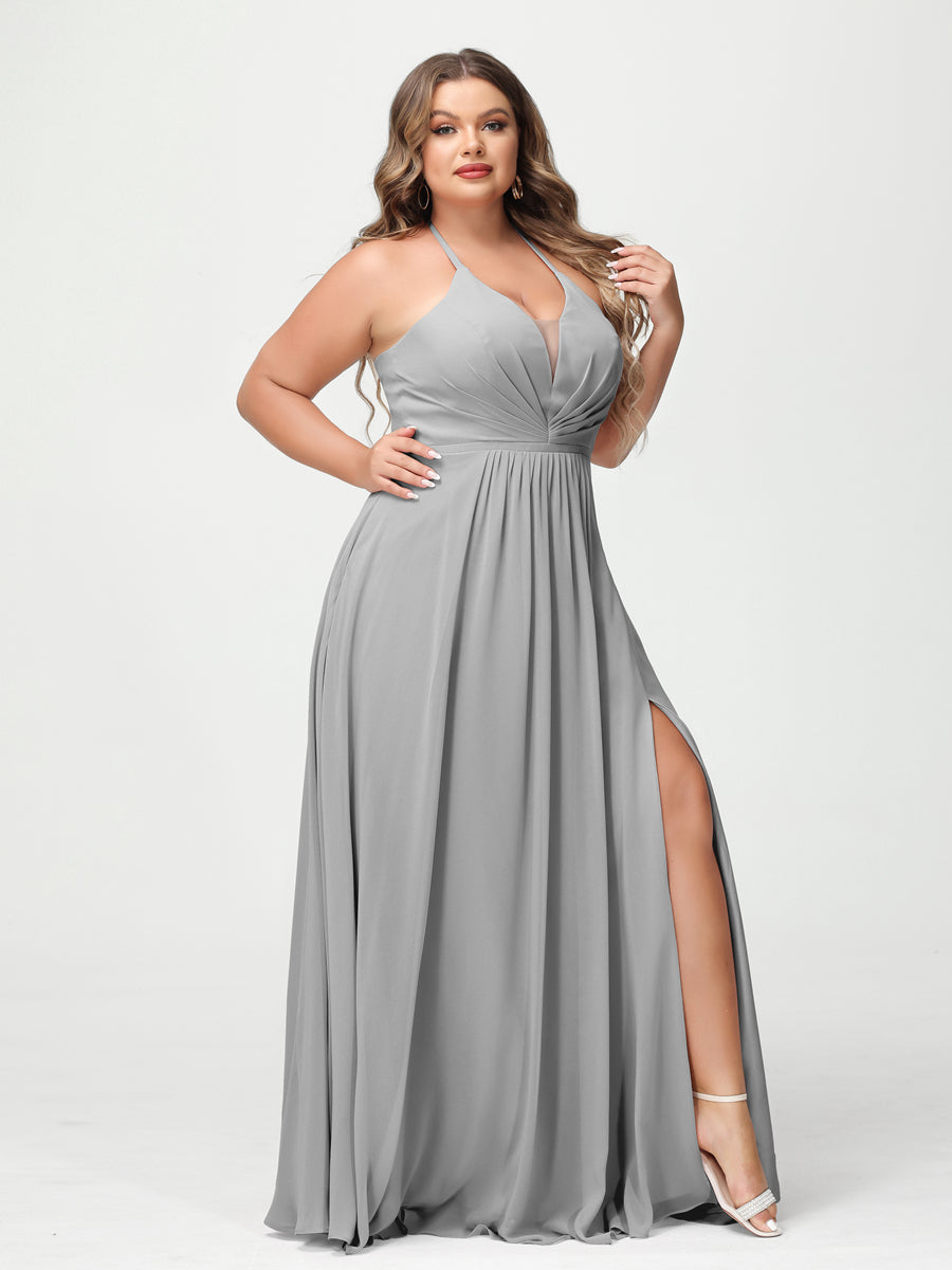 A-Line/Princesa Halter Sem Mangas Chiffon Ruched Split Side Plus Size Vestidos de Dama de Honra com Bolsos