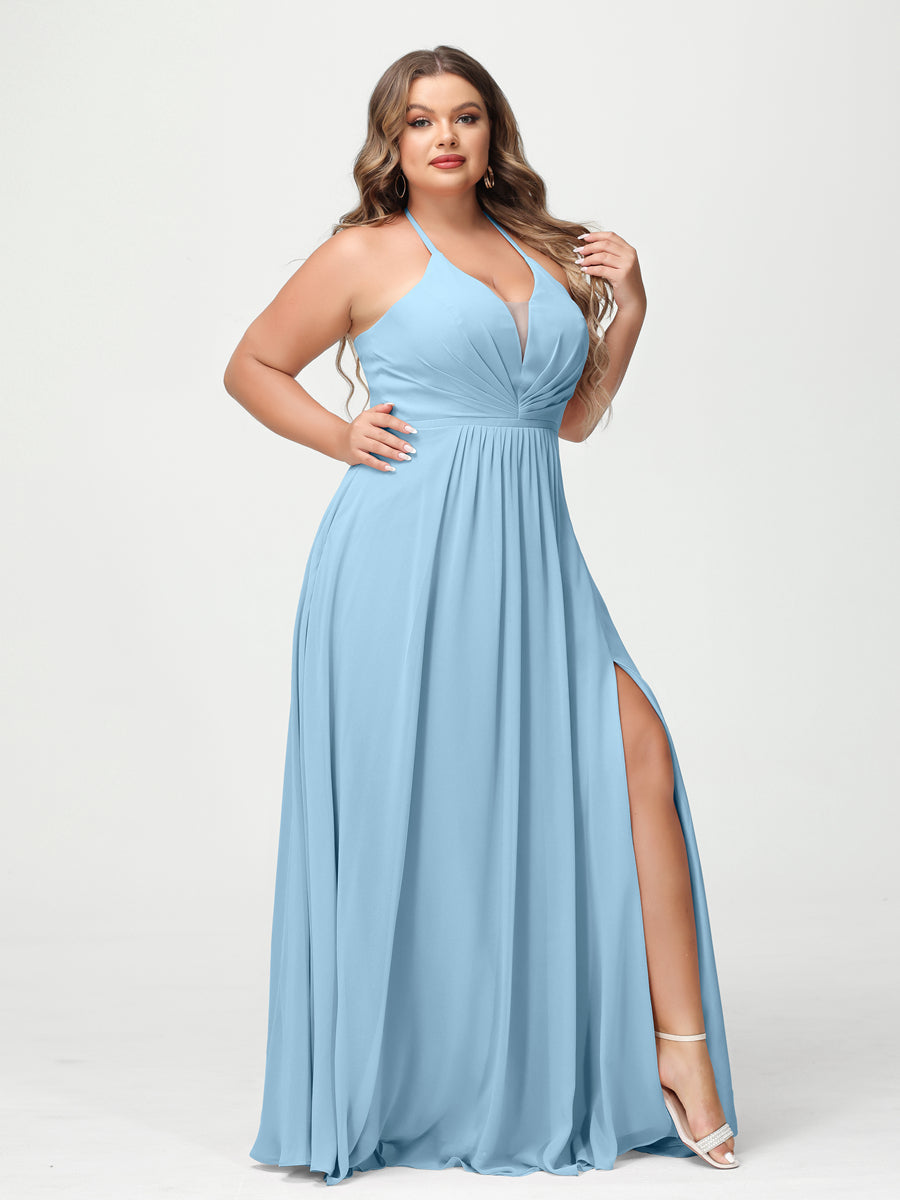A-Line/Princesa Halter Sem Mangas Chiffon Ruched Split Side Plus Size Vestidos de Dama de Honra com Bolsos