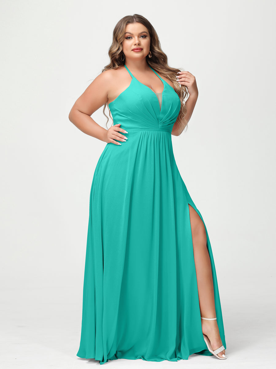A-Line/Princesa Halter Sem Mangas Chiffon Ruched Split Side Plus Size Vestidos de Dama de Honra com Bolsos
