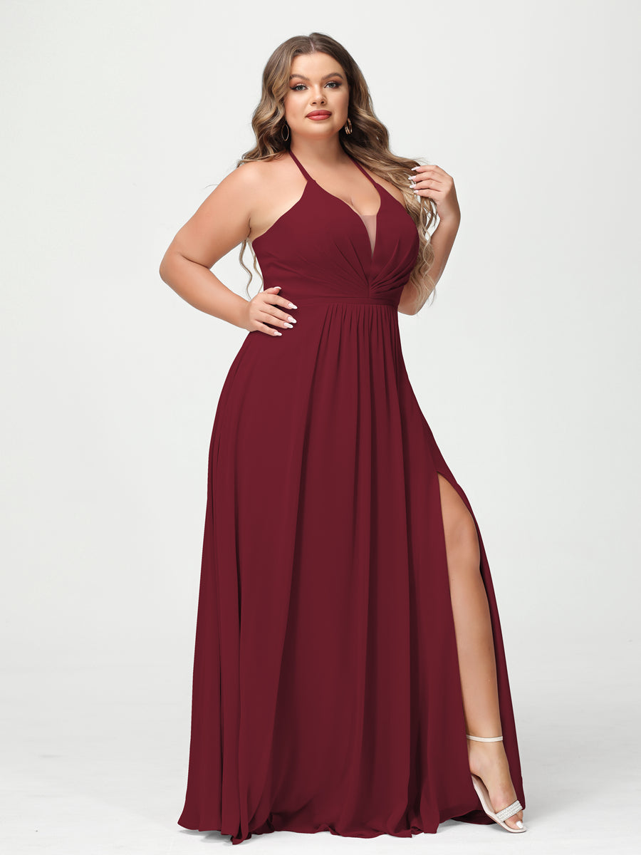 A-Line/Princesa Halter Sem Mangas Chiffon Ruched Split Side Plus Size Vestidos de Dama de Honra com Bolsos