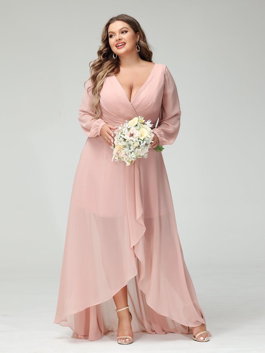 Vestidos Princesa/ Formato A Decote Em V Manga Comprida Chiffon Folhos Assimétricos Vestidos de Dama de Honra com Bolsos