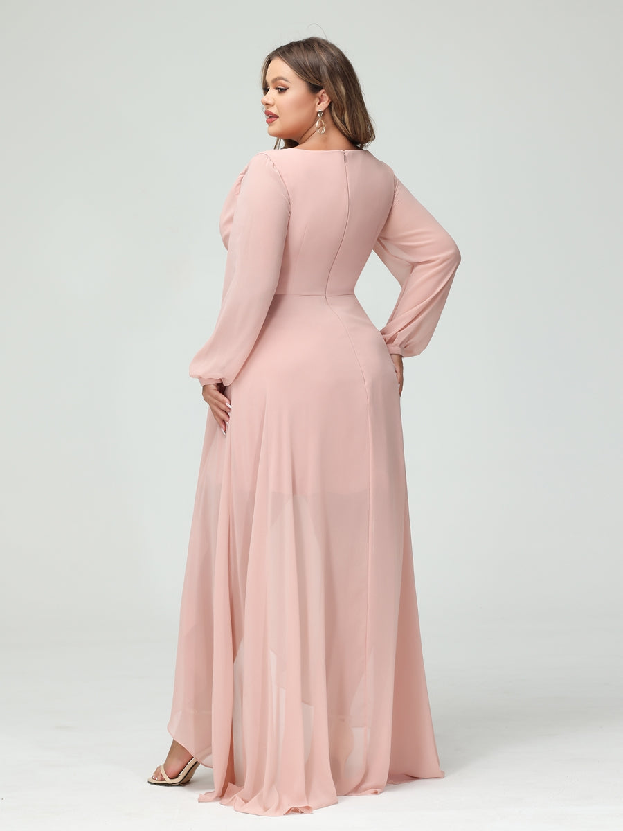 Vestidos Princesa/ Formato A Decote Em V Manga Comprida Chiffon Folhos Assimétricos Vestidos de Dama de Honra com Bolsos