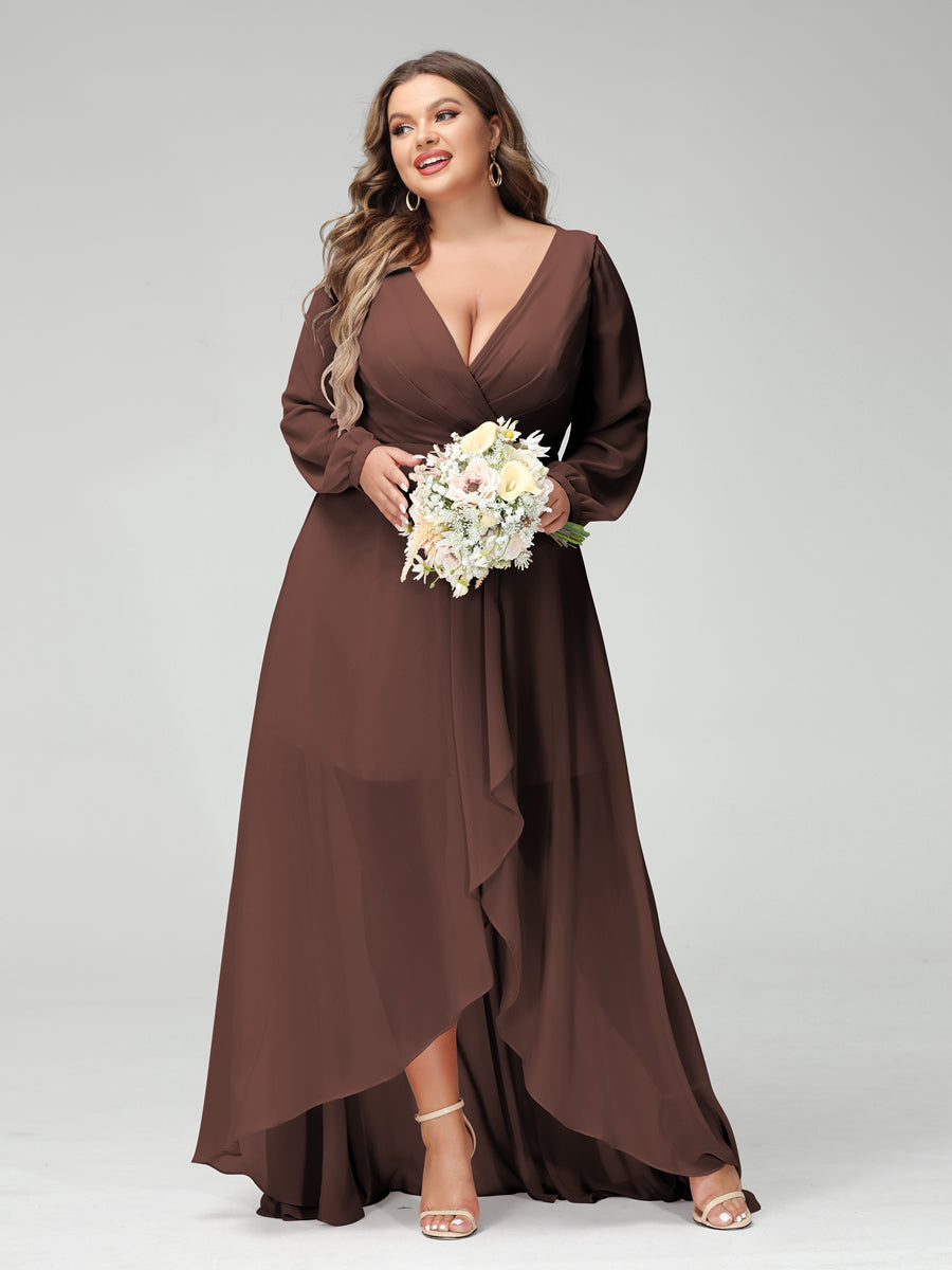 Vestidos Princesa/ Formato A Decote Em V Manga Comprida Chiffon Folhos Assimétricos Vestidos de Dama de Honra com Bolsos