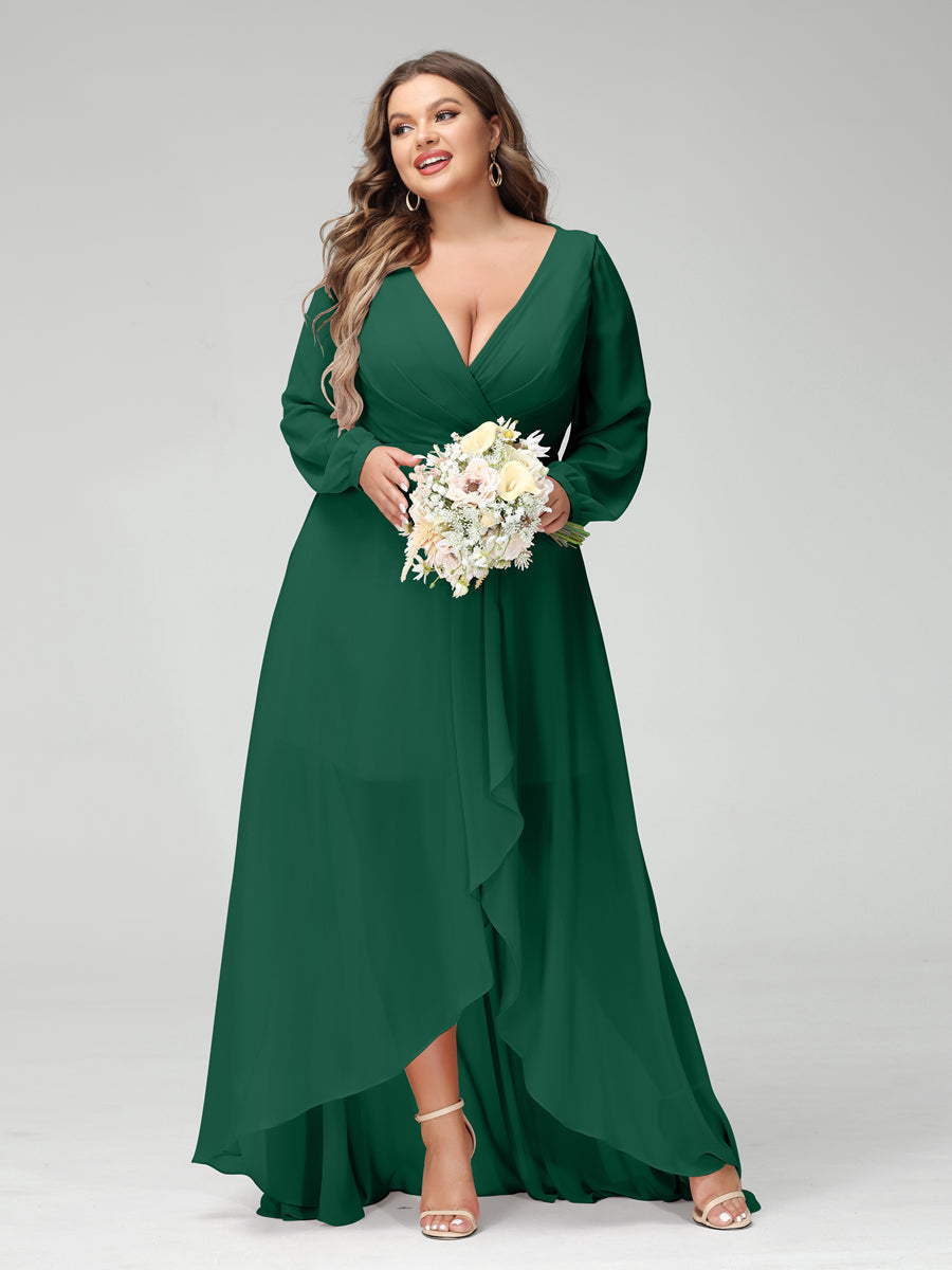 Vestidos Princesa/ Formato A Decote Em V Manga Comprida Chiffon Folhos Assimétricos Vestidos de Dama de Honra com Bolsos