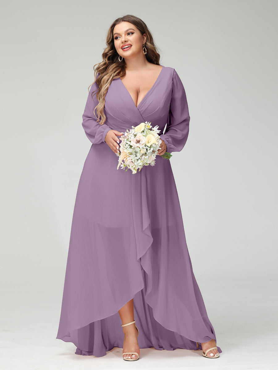 Vestidos Princesa/ Formato A Decote Em V Manga Comprida Chiffon Folhos Assimétricos Vestidos de Dama de Honra com Bolsos