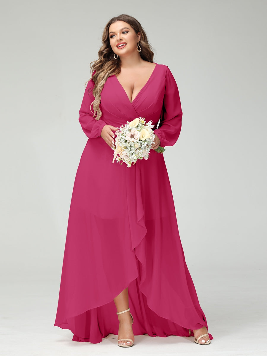 Vestidos Princesa/ Formato A Decote Em V Manga Comprida Chiffon Folhos Assimétricos Vestidos de Dama de Honra com Bolsos