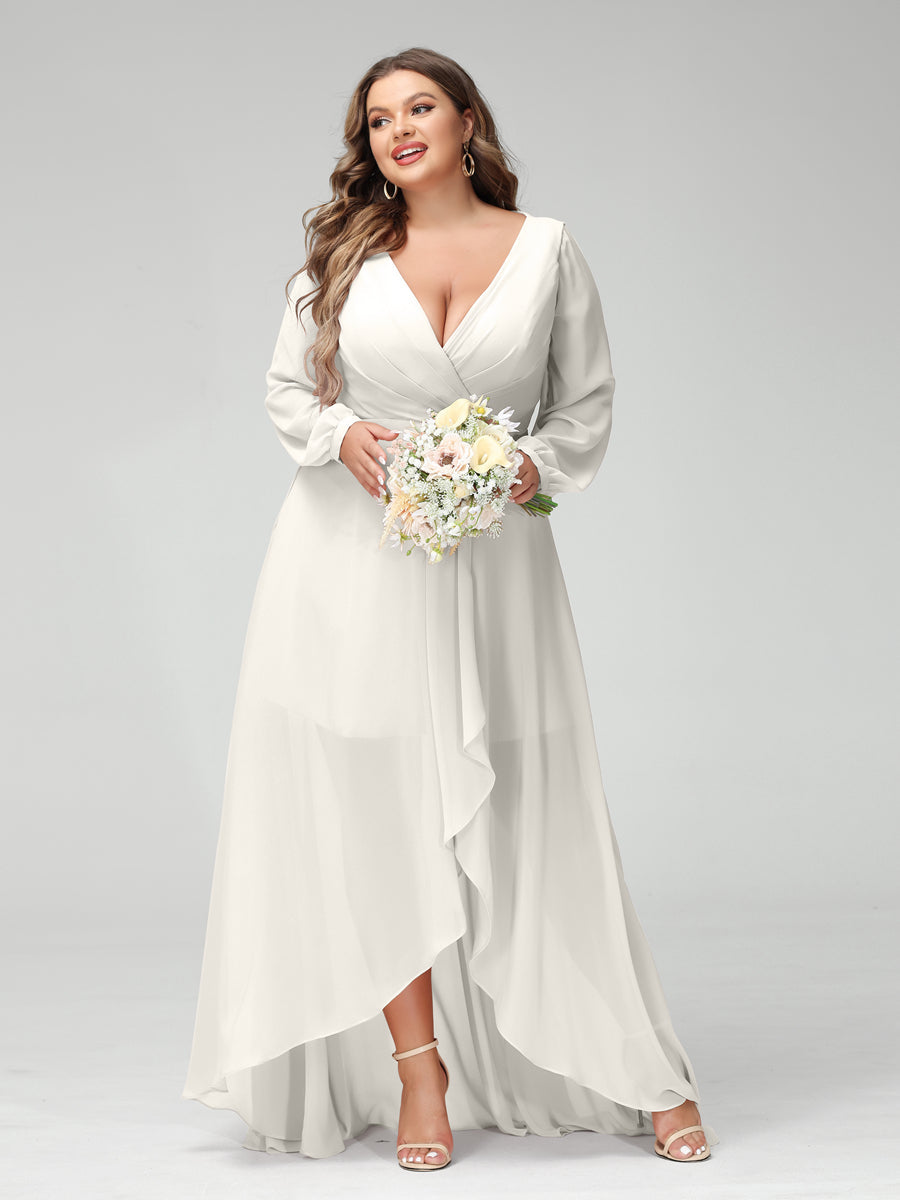 Vestidos Princesa/ Formato A Decote Em V Manga Comprida Chiffon Folhos Assimétricos Vestidos de Dama de Honra com Bolsos