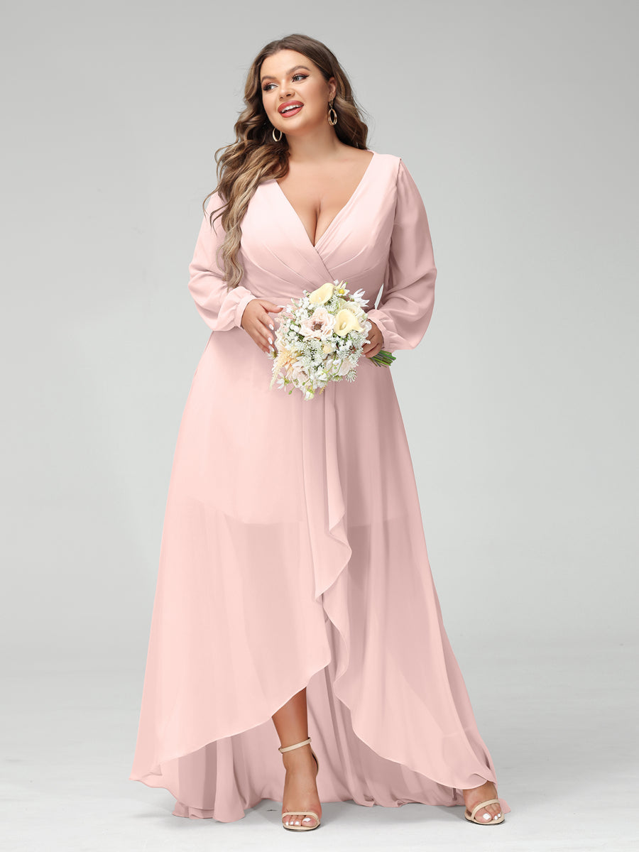 Vestidos Princesa/ Formato A Decote Em V Manga Comprida Chiffon Folhos Assimétricos Vestidos de Dama de Honra com Bolsos