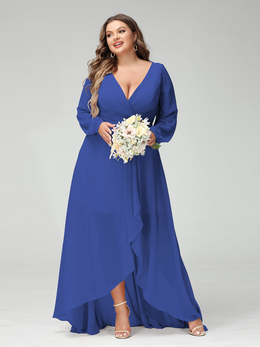Vestidos Princesa/ Formato A Decote Em V Manga Comprida Chiffon Folhos Assimétricos Vestidos de Dama de Honra com Bolsos