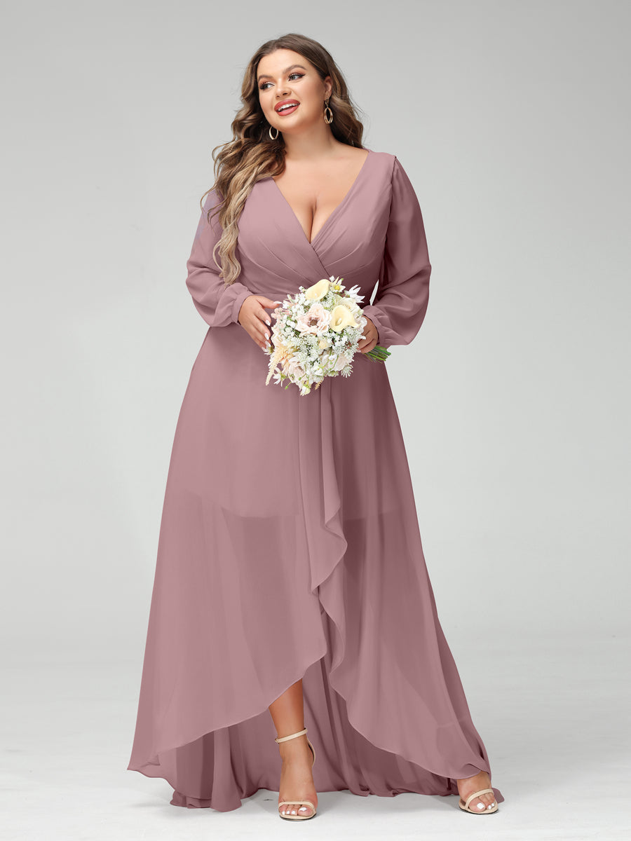 Vestidos Princesa/ Formato A Decote Em V Manga Comprida Chiffon Folhos Assimétricos Vestidos de Dama de Honra com Bolsos