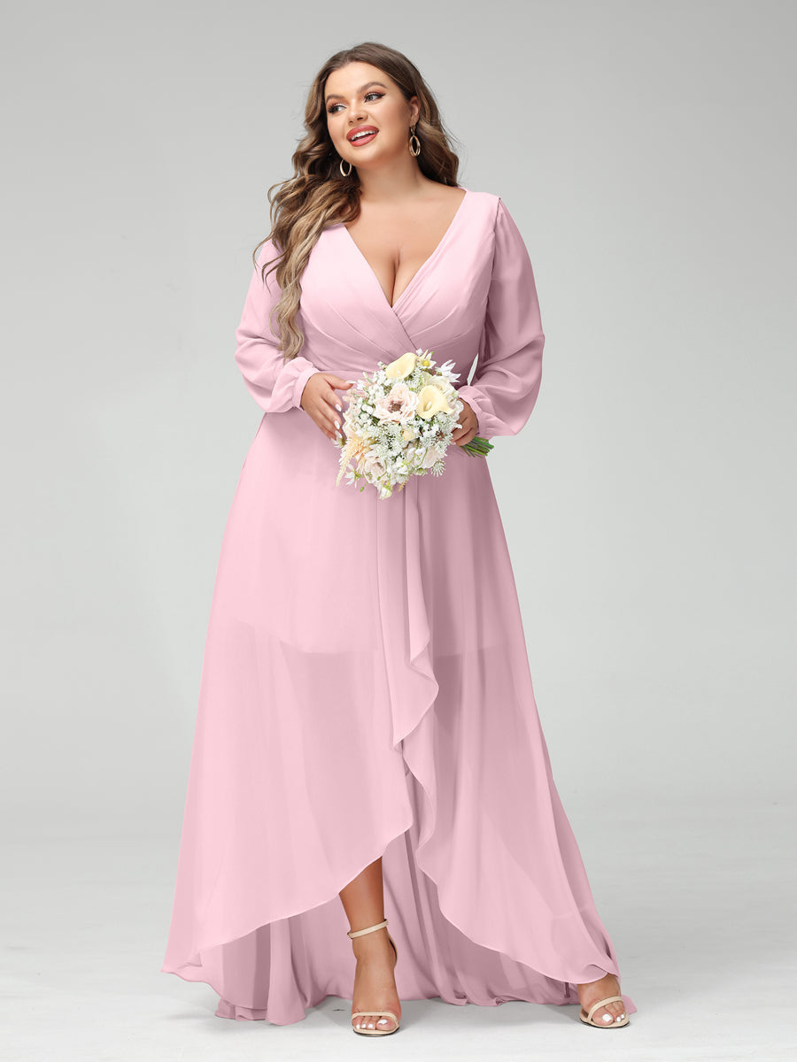Vestidos Princesa/ Formato A Decote Em V Manga Comprida Chiffon Folhos Assimétricos Vestidos de Dama de Honra com Bolsos