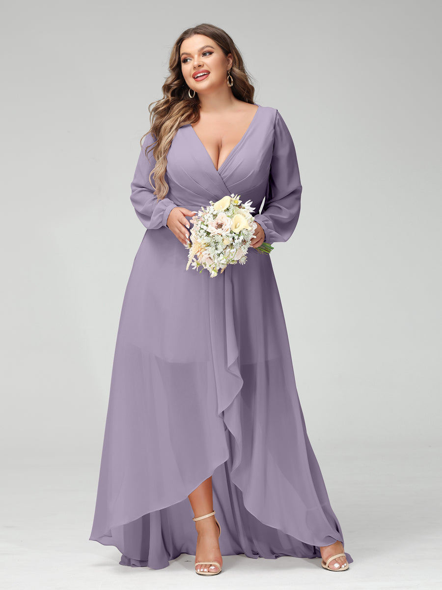 Vestidos Princesa/ Formato A Decote Em V Manga Comprida Chiffon Folhos Assimétricos Vestidos de Dama de Honra com Bolsos