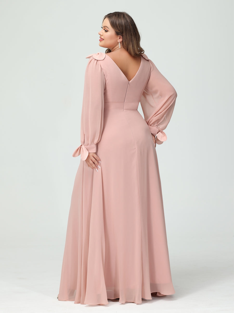 Corte A/Princesa Decote Em V Manga Comprida Chiffon Dividido Lateral Plus Size Vestidos de Dama de Honra com Bolsos