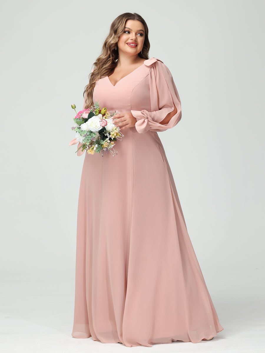 Corte A/Princesa Decote Em V Manga Comprida Chiffon Dividido Lateral Plus Size Vestidos de Dama de Honra com Bolsos