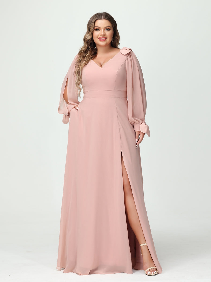 Corte A/Princesa Decote Em V Manga Comprida Chiffon Dividido Lateral Plus Size Vestidos de Dama de Honra com Bolsos