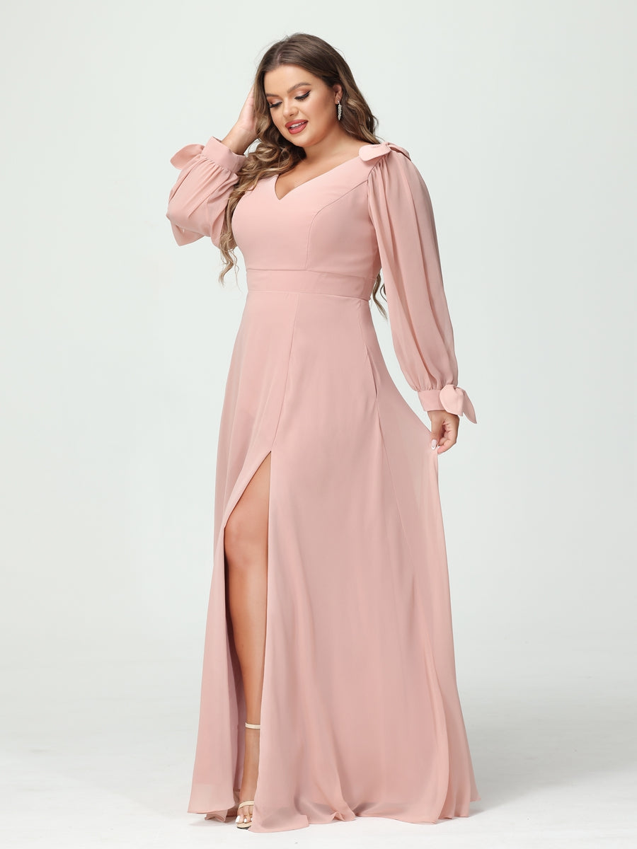 Corte A/Princesa Decote Em V Manga Comprida Chiffon Dividido Lateral Plus Size Vestidos de Dama de Honra com Bolsos
