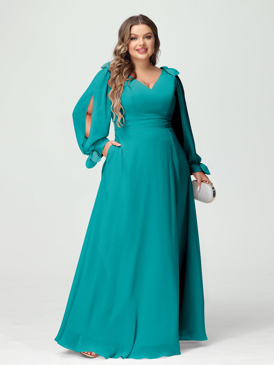 Corte A/Princesa Decote Em V Manga Comprida Chiffon Dividido Lateral Plus Size Vestidos de Dama de Honra com Bolsos