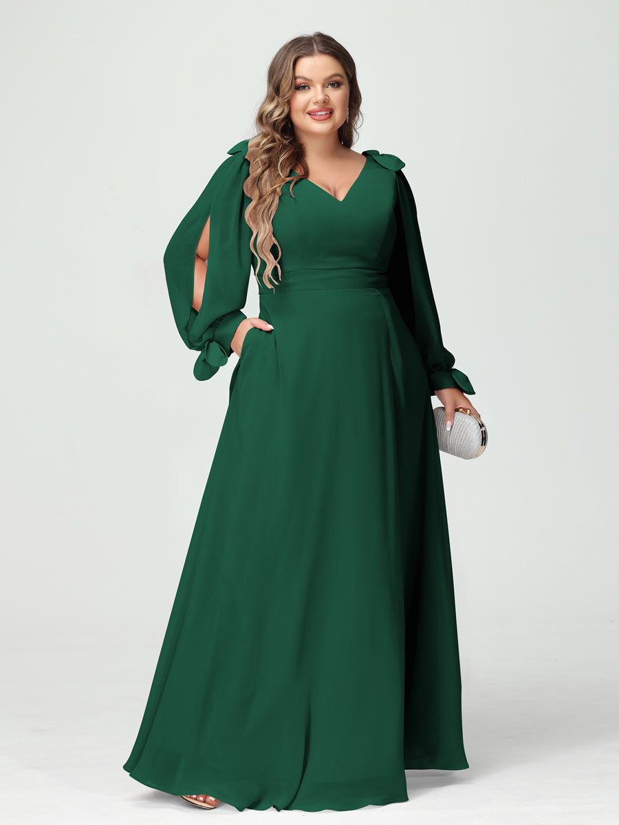 Corte A/Princesa Decote Em V Manga Comprida Chiffon Dividido Lateral Plus Size Vestidos de Dama de Honra com Bolsos