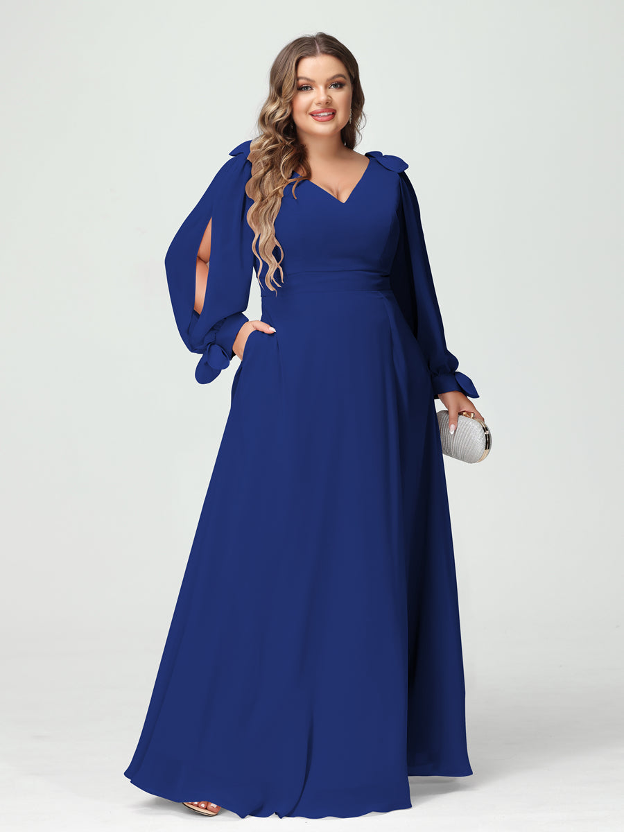 Corte A/Princesa Decote Em V Manga Comprida Chiffon Dividido Lateral Plus Size Vestidos de Dama de Honra com Bolsos
