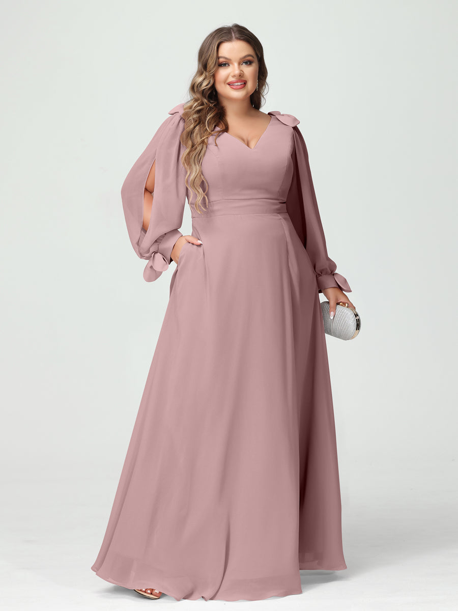 Corte A/Princesa Decote Em V Manga Comprida Chiffon Dividido Lateral Plus Size Vestidos de Dama de Honra com Bolsos