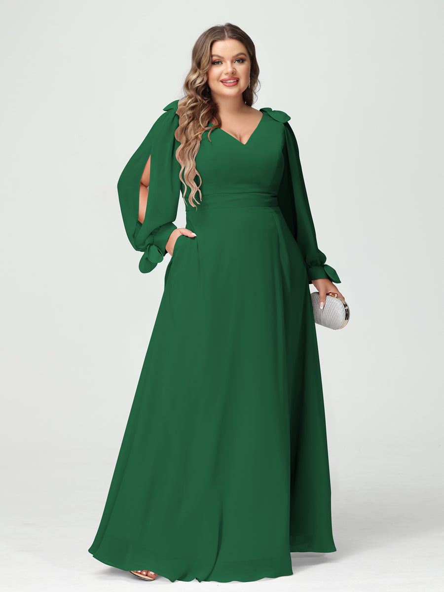 Corte A/Princesa Decote Em V Manga Comprida Chiffon Dividido Lateral Plus Size Vestidos de Dama de Honra com Bolsos
