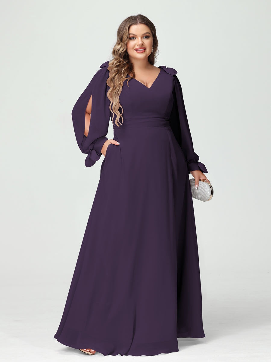 Corte A/Princesa Decote Em V Manga Comprida Chiffon Dividido Lateral Plus Size Vestidos de Dama de Honra com Bolsos