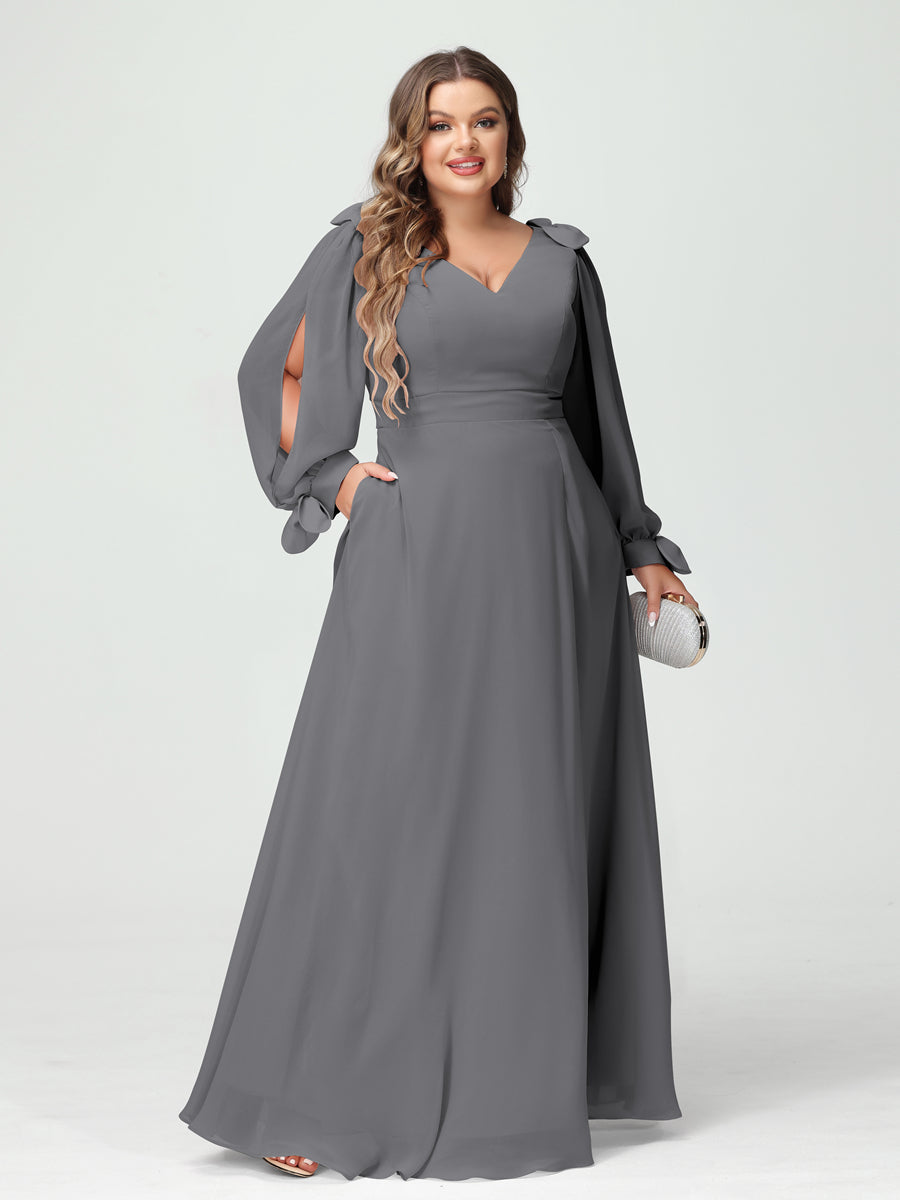 Corte A/Princesa Decote Em V Manga Comprida Chiffon Dividido Lateral Plus Size Vestidos de Dama de Honra com Bolsos
