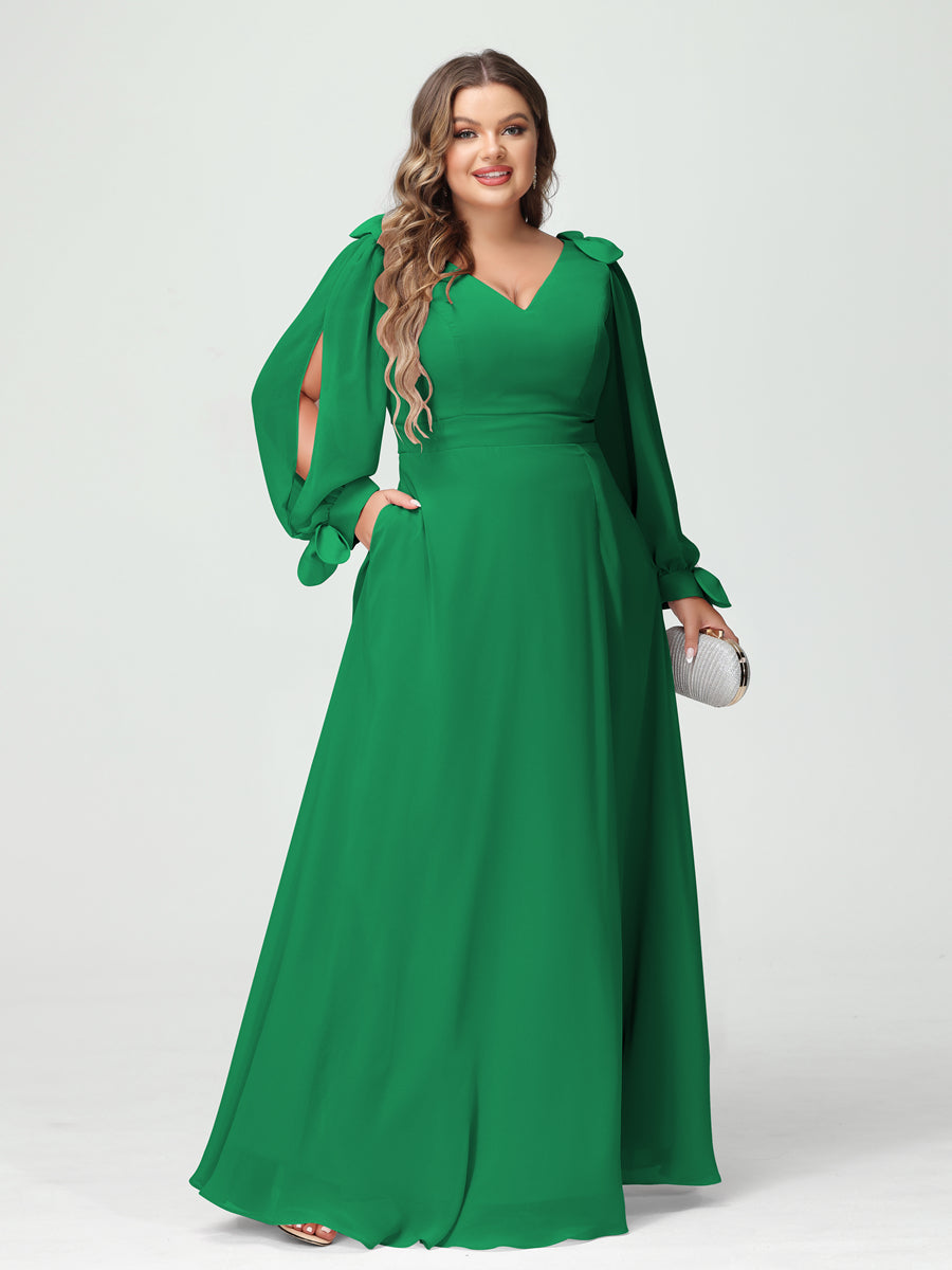 Corte A/Princesa Decote Em V Manga Comprida Chiffon Dividido Lateral Plus Size Vestidos de Dama de Honra com Bolsos