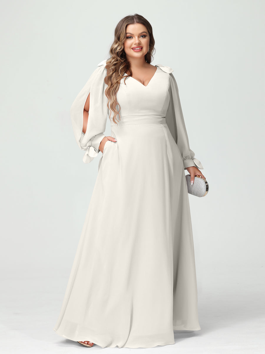 Corte A/Princesa Decote Em V Manga Comprida Chiffon Dividido Lateral Plus Size Vestidos de Dama de Honra com Bolsos