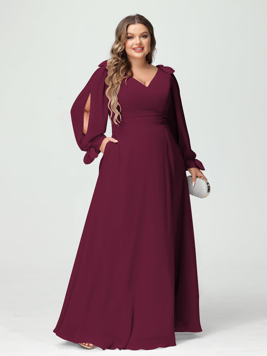 Corte A/Princesa Decote Em V Manga Comprida Chiffon Dividido Lateral Plus Size Vestidos de Dama de Honra com Bolsos