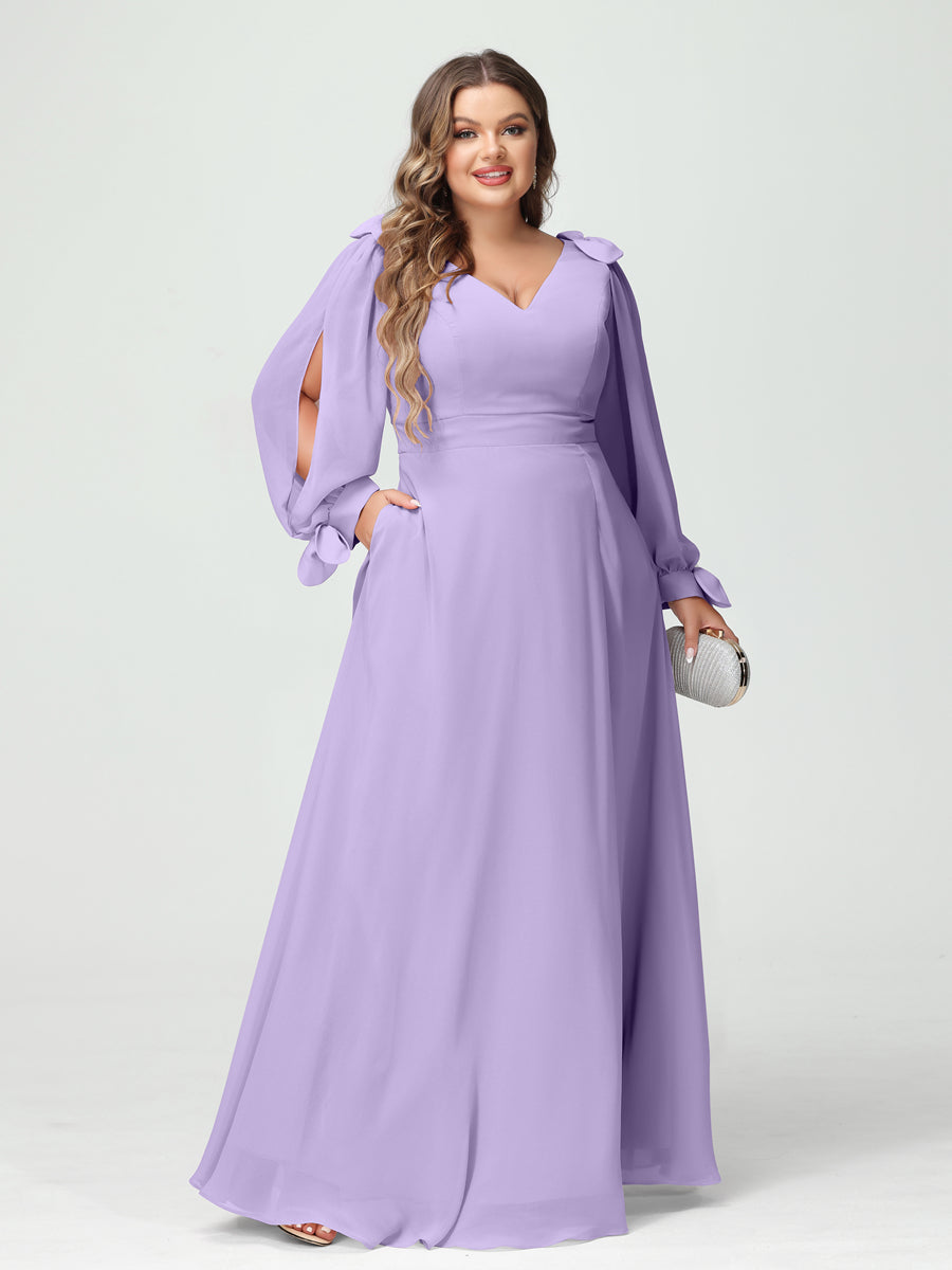 Corte A/Princesa Decote Em V Manga Comprida Chiffon Dividido Lateral Plus Size Vestidos de Dama de Honra com Bolsos