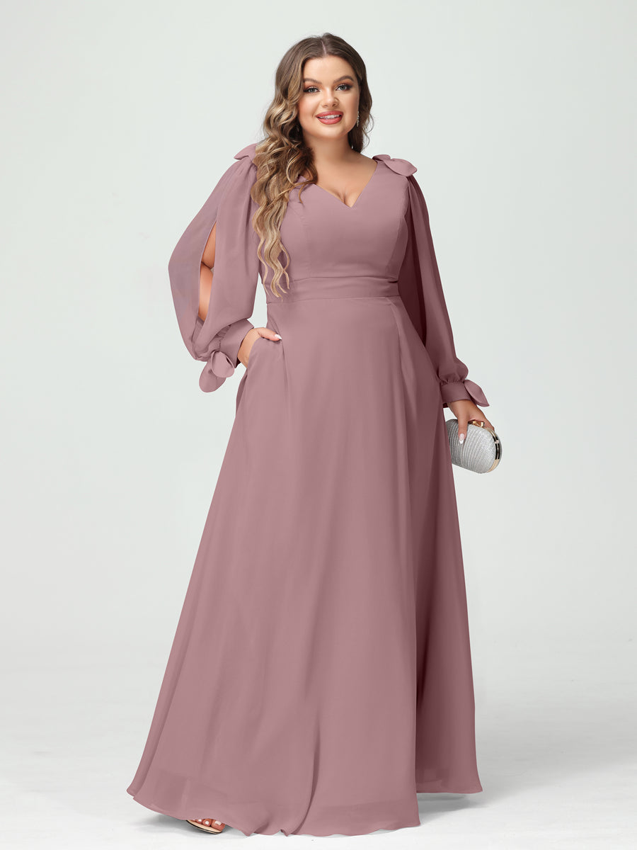 Corte A/Princesa Decote Em V Manga Comprida Chiffon Dividido Lateral Plus Size Vestidos de Dama de Honra com Bolsos
