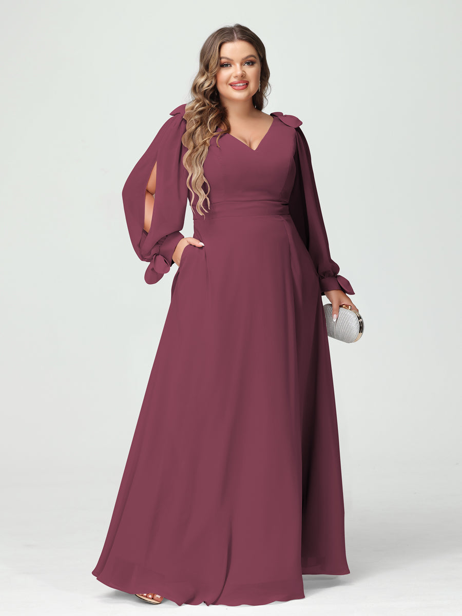 Corte A/Princesa Decote Em V Manga Comprida Chiffon Dividido Lateral Plus Size Vestidos de Dama de Honra com Bolsos