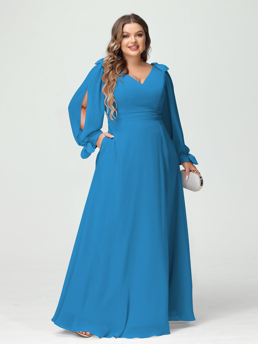 Corte A/Princesa Decote Em V Manga Comprida Chiffon Dividido Lateral Plus Size Vestidos de Dama de Honra com Bolsos