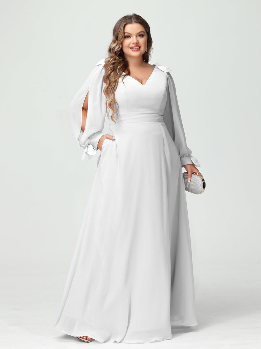Corte A/Princesa Decote Em V Manga Comprida Chiffon Dividido Lateral Plus Size Vestidos de Dama de Honra com Bolsos