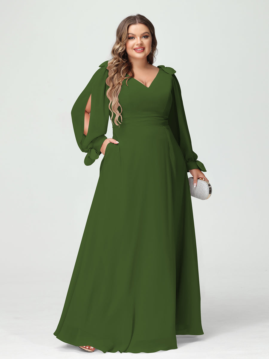 Corte A/Princesa Decote Em V Manga Comprida Chiffon Dividido Lateral Plus Size Vestidos de Dama de Honra com Bolsos