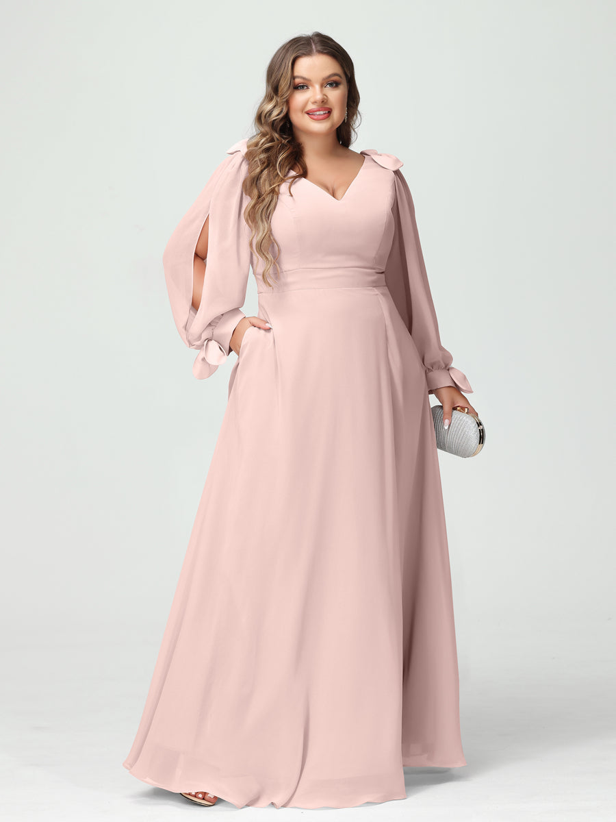 Corte A/Princesa Decote Em V Manga Comprida Chiffon Dividido Lateral Plus Size Vestidos de Dama de Honra com Bolsos