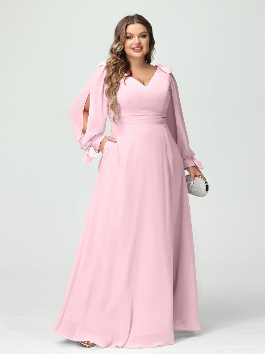 Corte A/Princesa Decote Em V Manga Comprida Chiffon Dividido Lateral Plus Size Vestidos de Dama de Honra com Bolsos