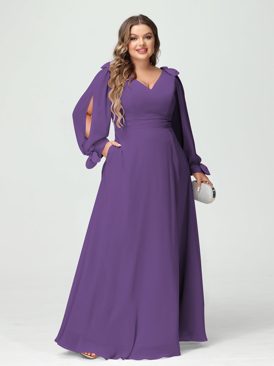 Corte A/Princesa Decote Em V Manga Comprida Chiffon Dividido Lateral Plus Size Vestidos de Dama de Honra com Bolsos