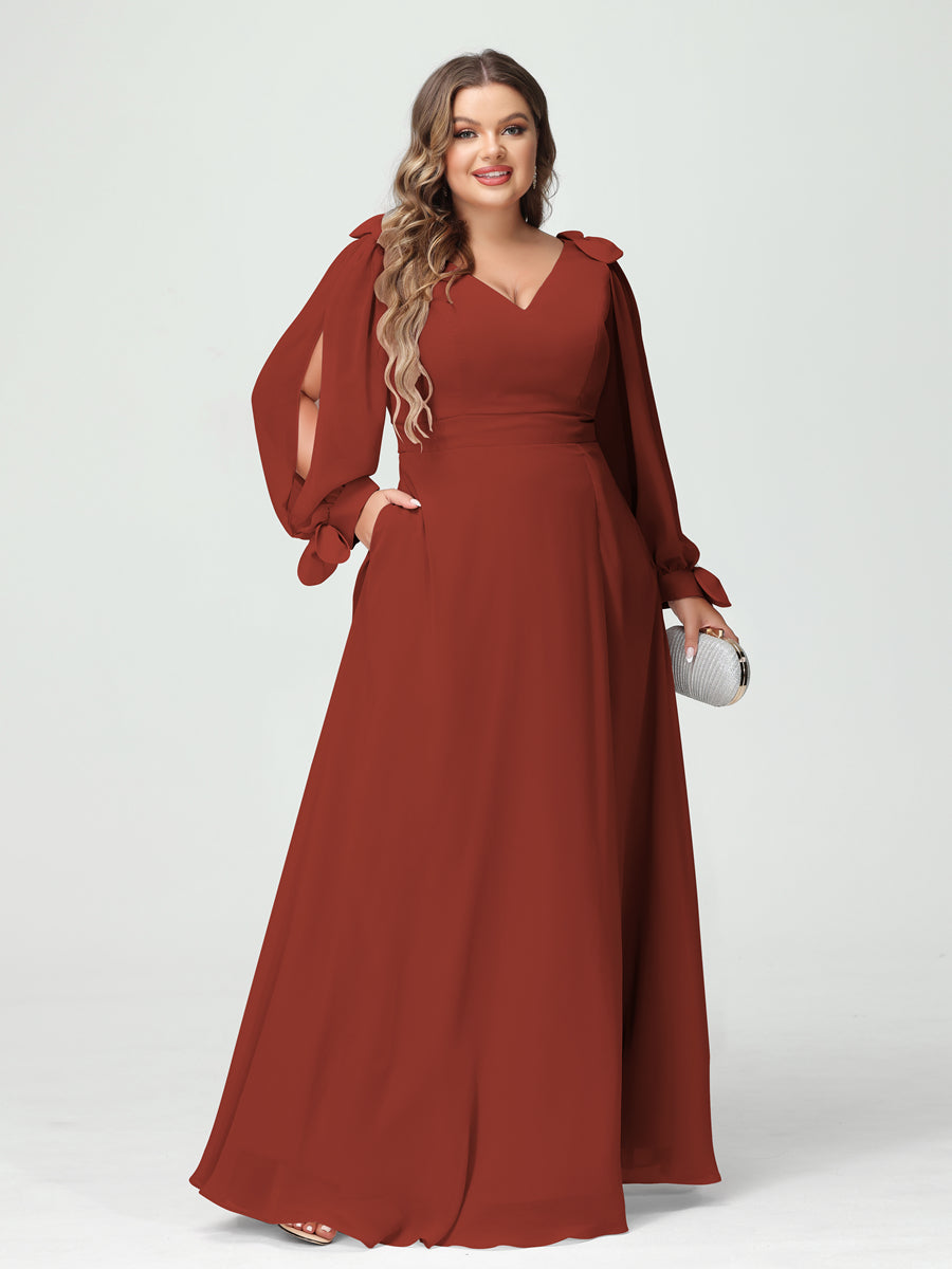 Corte A/Princesa Decote Em V Manga Comprida Chiffon Dividido Lateral Plus Size Vestidos de Dama de Honra com Bolsos
