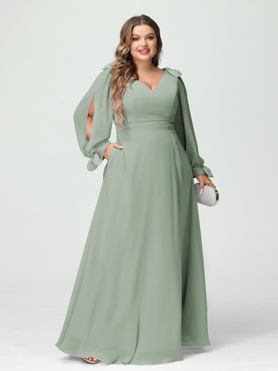 Corte A/Princesa Decote Em V Manga Comprida Chiffon Dividido Lateral Plus Size Vestidos de Dama de Honra com Bolsos