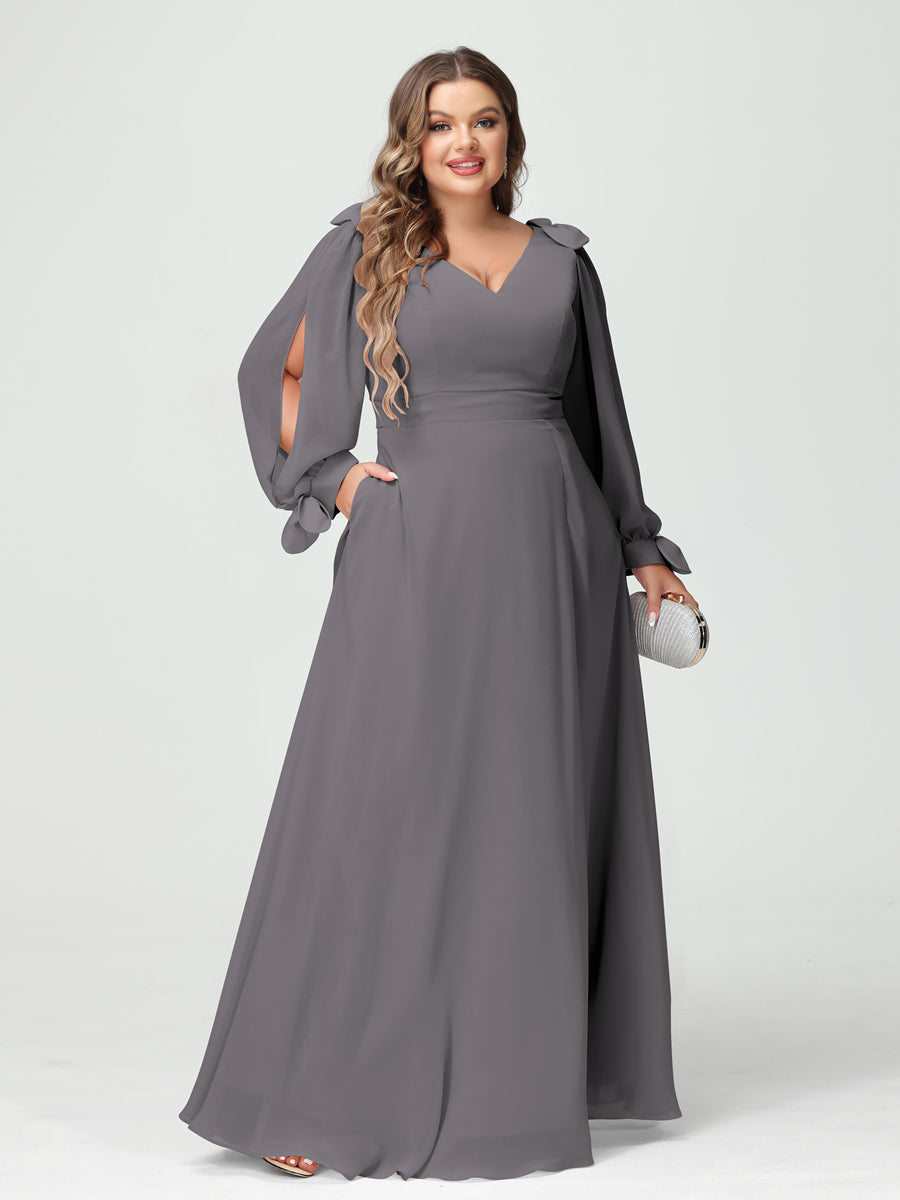Corte A/Princesa Decote Em V Manga Comprida Chiffon Dividido Lateral Plus Size Vestidos de Dama de Honra com Bolsos