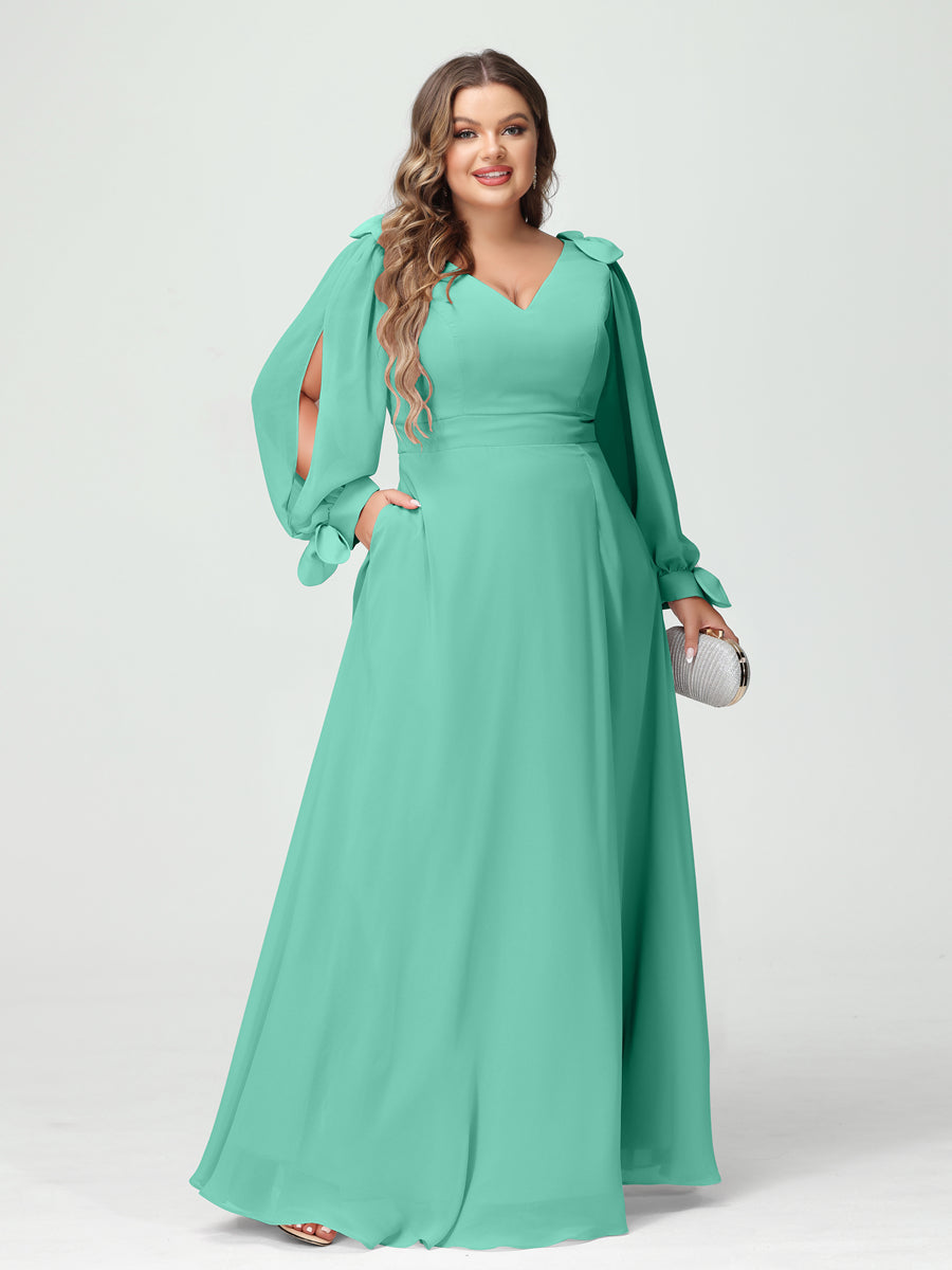 Corte A/Princesa Decote Em V Manga Comprida Chiffon Dividido Lateral Plus Size Vestidos de Dama de Honra com Bolsos