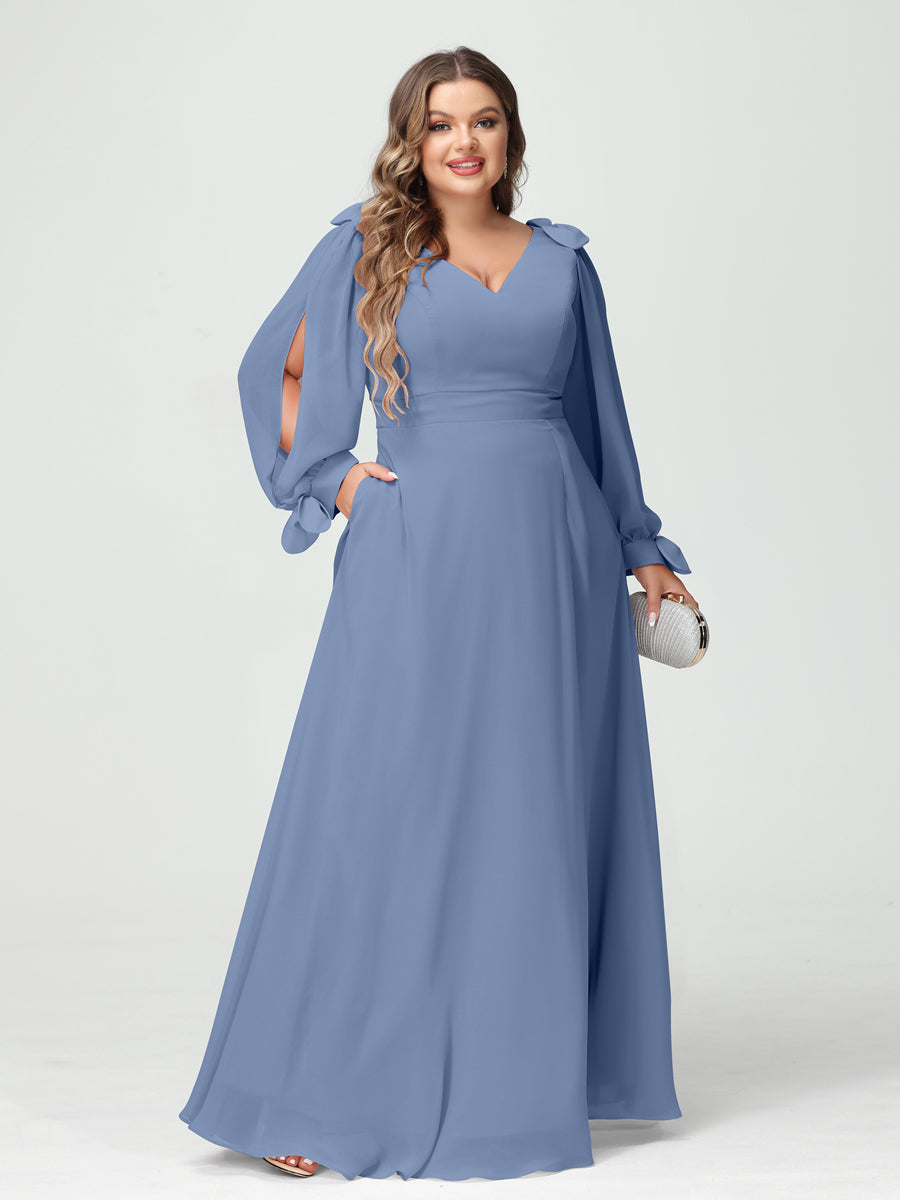 Corte A/Princesa Decote Em V Manga Comprida Chiffon Dividido Lateral Plus Size Vestidos de Dama de Honra com Bolsos
