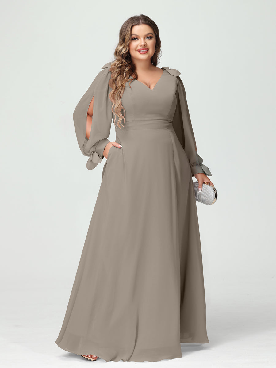 Corte A/Princesa Decote Em V Manga Comprida Chiffon Dividido Lateral Plus Size Vestidos de Dama de Honra com Bolsos
