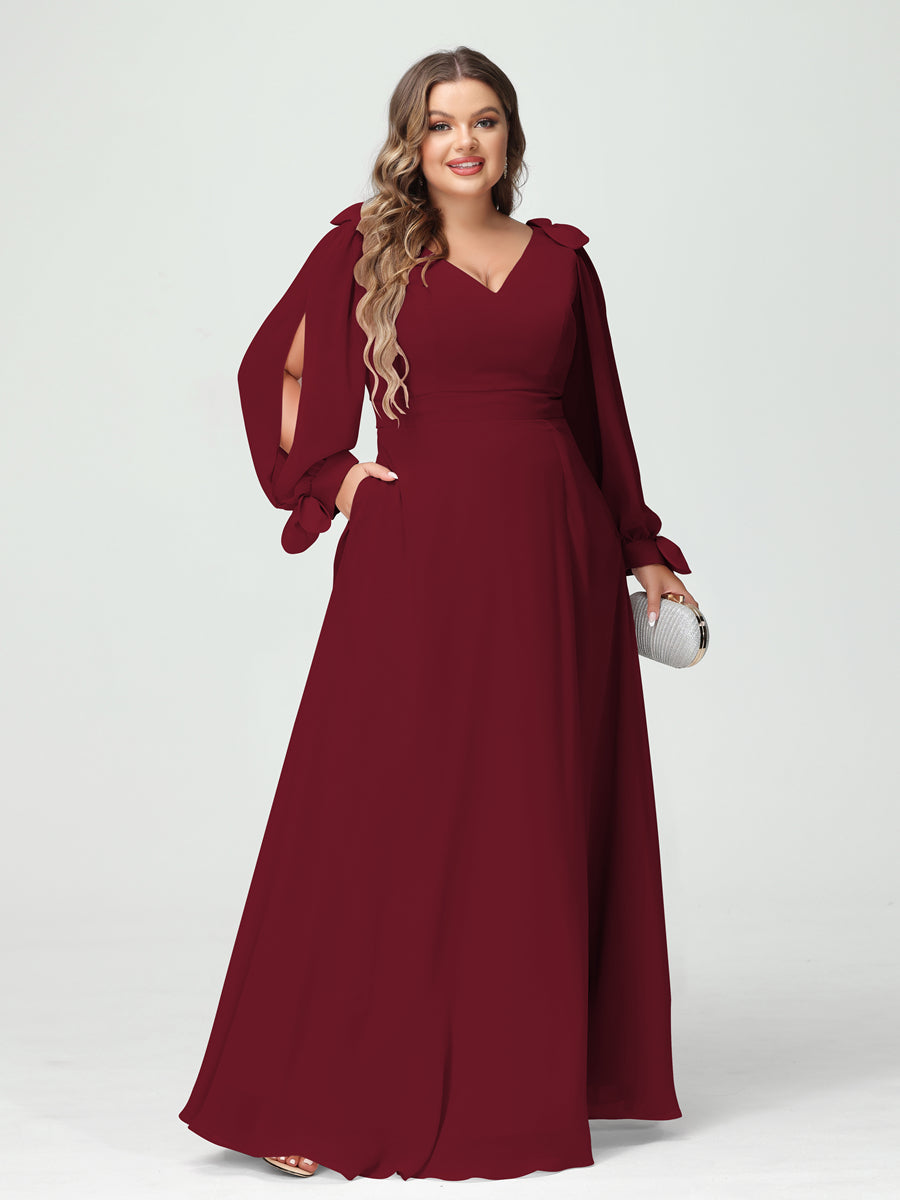 Corte A/Princesa Decote Em V Manga Comprida Chiffon Dividido Lateral Plus Size Vestidos de Dama de Honra com Bolsos