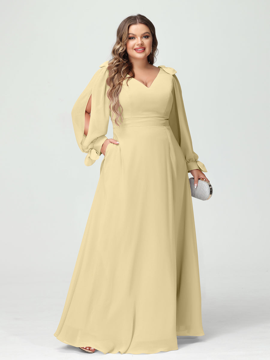 Corte A/Princesa Decote Em V Manga Comprida Chiffon Dividido Lateral Plus Size Vestidos de Dama de Honra com Bolsos