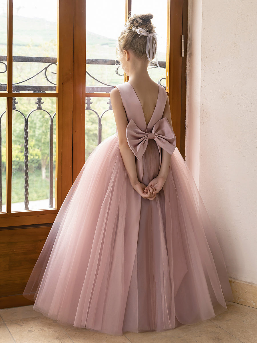 Vestido de Baile de Tule/Vestidos Princesa Flor para Menina com Pérolas e Laço de Cetim